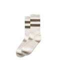 Two pairs of cream-coloured socks featuring brown stripes, designed for comfort. Each pair has a logo.