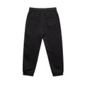 Black youth track pants featuring an elastic waistband and a back pocket. The design includes a logo.
