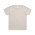 A beige kids' classic t-shirt featuring a crew neck design and short sleeves. It includes a branding logo.