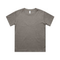 A faded grey youth t-shirt with a crew neck and short sleeves, featuring a branding label.