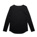 A black long-sleeve tee with a rounded neckline and a curved hem, featuring a logo.