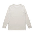 A long-sleeve beige t-shirt featuring a plain back and cuffed sleeves, with a logo present.