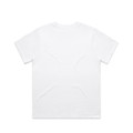 A plain white t-shirt with short sleeves, featuring a smooth, unembellished back. It has a small branding logo.