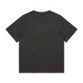 A faded black t-shirt with short sleeves and a casual fit, featuring a logo on the back.