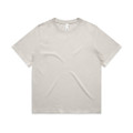 A beige heavy faded t-shirt with a classic crew neckline and short sleeves, featuring a branded label inside.
