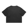 A cropped black t-shirt with short sleeves and a simple design, featuring a logo on the back.