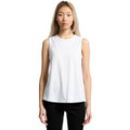 A white sleeveless tank top with a relaxed fit, featuring a simple design and a logo on the front.