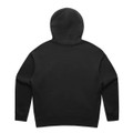 A black zip hoodie featuring a hood and long sleeves, with a branding logo on the back.