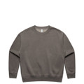 A faded grey crew jumper featuring long sleeves and a rounded neckline. It has a logo on the front.