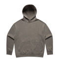 A faded olive green hoodie with a kangaroo pocket and a hood, featuring a logo.