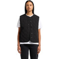A black quilted vest with a button front, featuring a round neckline and a logo. Worn over a white T-shirt.