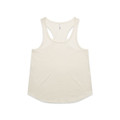 A cream-coloured racerback tank top with a rounded hem and a logo on the label.