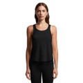 A black racerback tank top with a loose fit, featuring a logo on the chest area.