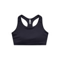 A black sports crop top with a racerback design and a small logo on the front.