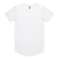 A white t-shirt with a rounded hem and a label at the neckline, featuring a logo.