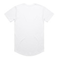 A plain white t-shirt with a rounded hem, featuring a branding logo on the back.