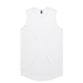 A white sleeveless tank top with a curved hem, featuring a logo at the neck.