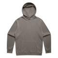 A faded green hoodie with a front pocket and a drawstring hood. It features a logo on the front.