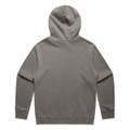 A faded olive green hoodie with a kangaroo pocket and a hood, featuring a logo. The back view is shown.