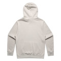 A faded grey hoodie with a large hood and long sleeves, featuring a minimalist design and a logo.