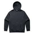 A black hoodie featuring a front pouch pocket and a hood. It has a simple design and includes a logo.