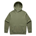 An olive green hoodie featuring a front pocket and a hood, with a branding logo on the label.