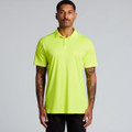 A bright yellow work polo shirt on a model, featuring a collar and short sleeves. The shirt has a logo.