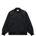 A black bomber jacket with a plain design, featuring a button front and ribbed cuffs and hem.
