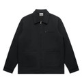 A black heavy canvas jacket featuring a zippered front and two large pockets, with a logo on the chest area.