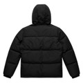 A hooded puffer jacket in black, featuring a quilted design and a logo on the back.