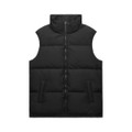 A black puffer vest with a high collar and two side pockets, featuring a front zipper and no sleeves.