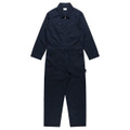 Navy blue canvas coveralls with long sleeves, a zippered front, and a chest pocket, featuring a branding label.