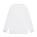 A long-sleeve white T-shirt with a simple design and a logo on the back.