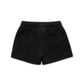 Black kids' track shorts featuring a single back pocket and an elastic waistband. Includes a small logo detail.