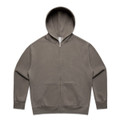 A faded olive green zip-up hoodie with a hood and front pockets. It has a branding logo.
