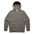 A zip-up hoodie in a faded olive green colour with a kangaroo pocket and a hood. It features a logo.