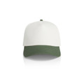 A two-tone cap featuring a white upper and a green brim. It includes a logo on the front.