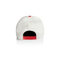 A white cap with a red button and adjustable strap at the back, featuring a logo.