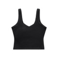 A black active bra tank with wide straps and a V-shaped neckline. The product features a branding logo.