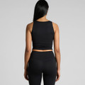 A black active crop tank top displayed from the back, featuring a fitted design and a logo.