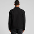 A black canvas chore jacket viewed from the back, featuring a simple design and a logo on the back.