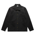 A black Canvas Chore Jacket featuring a button-up front and multiple pockets, along with a branded label.