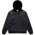 A black Canvas Bomber Hood Jacket featuring a hood and side pockets, with a front zip closure.