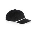A black cap with a corded white rope detail along the front, featuring a logo on the side.