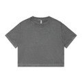 A grey stone wash heavy crop tee with a round neckline and short sleeves, featuring a logo.