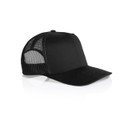 A black mesh trucker cap featuring a solid front panel and a breathable mesh back. It has a branded logo.