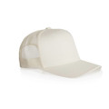 A beige mesh trucker cap featuring a solid front and mesh back, with a curved peak and a logo.