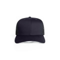 A navy blue trucker cap featuring a smooth front panel and mesh side panels. Includes a logo on the front.
