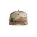 A camo cap featuring a tan and brown pattern with a structured design and a logo on the front.