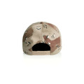 A camouflage cap in shades of tan, brown, and green, featuring a snapback closure and a small logo.